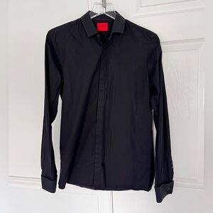 HUGO Hugo Boss Ejinar Extra Slim Fit Black Textured Dress Shirt 38 15